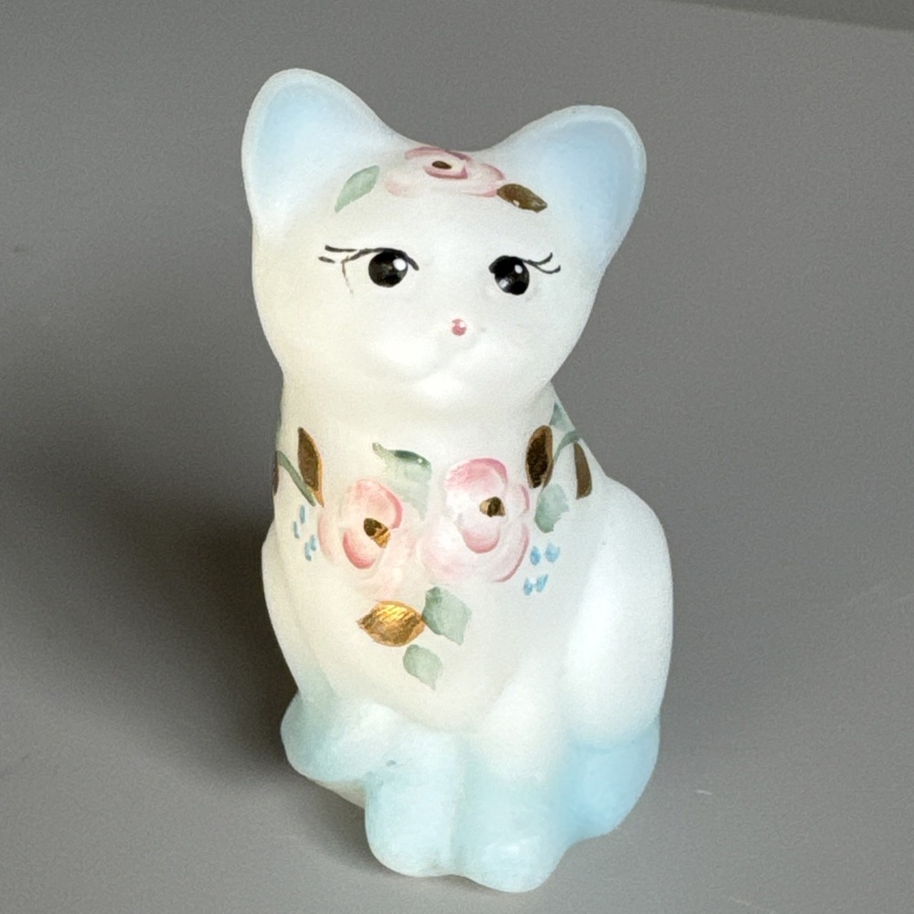 Fenton "Roses" Opal Satin Blue Cat Gold Leaf Floral Kitty Signed E. Lowe Vintage